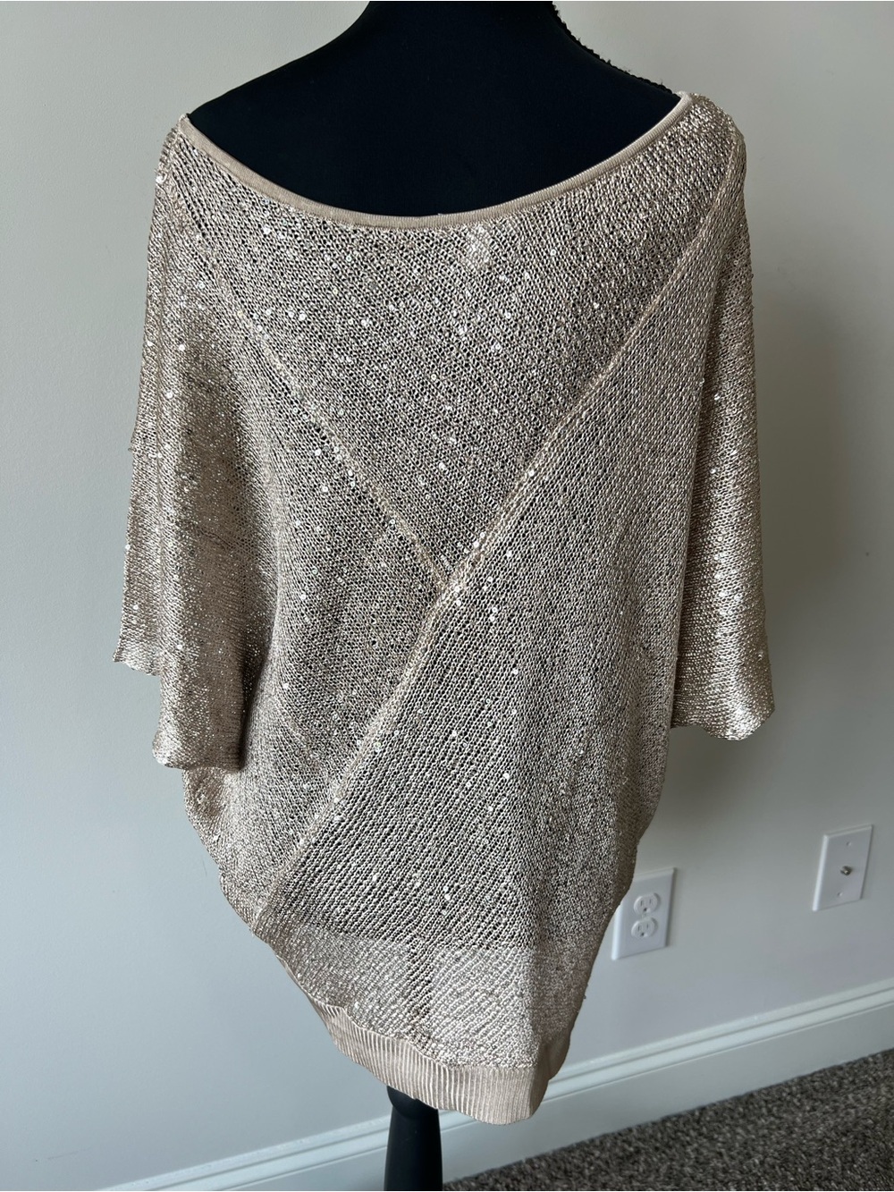 Cache Champagne Sequin Bling Short Sleeve Bat Wing Sweater Open Knit - Picture 4 of 8